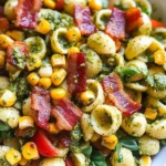 Corn Pasta Salad with Turkey Bacon and Creamy Pesto Dressing