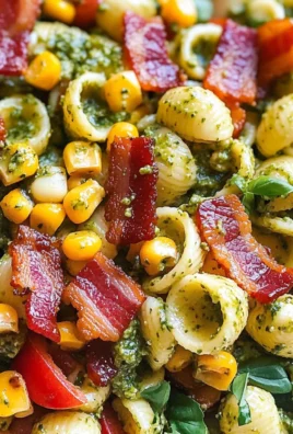 Corn Pasta Salad with Turkey Bacon and Creamy Pesto Dressing