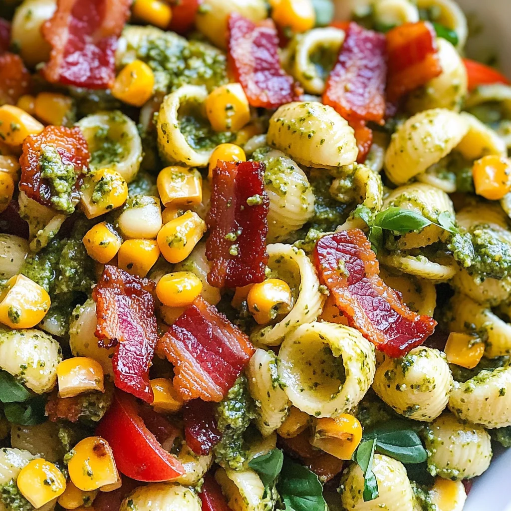 Corn Pasta Salad with Turkey Bacon and Creamy Pesto Dressing