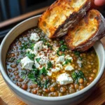 French Lentil Soup With Crispy Bread And Feta