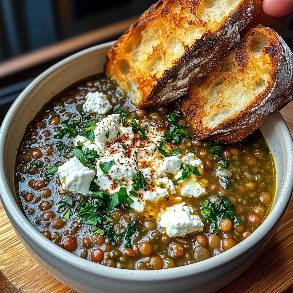 French Lentil Soup With Crispy Bread And Feta