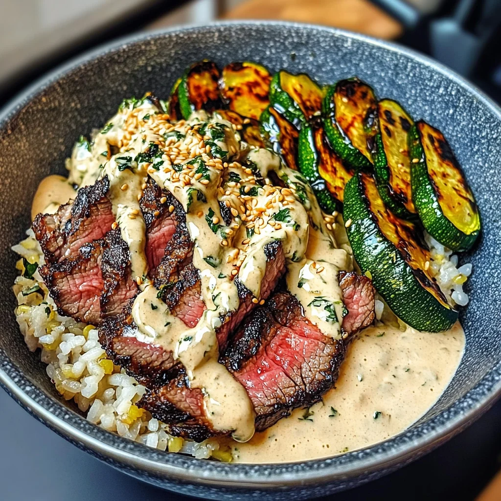 Grilled Steak Bowl With Creamy Sauce & Grilled Zucchini