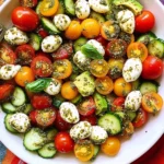 Tomato Cucumber Avocado Salad with Mozzarella and Basil Pesto