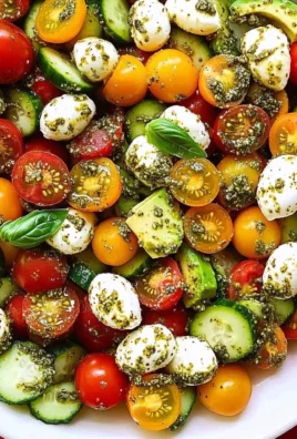 Tomato Cucumber Avocado Salad with Mozzarella and Basil Pesto