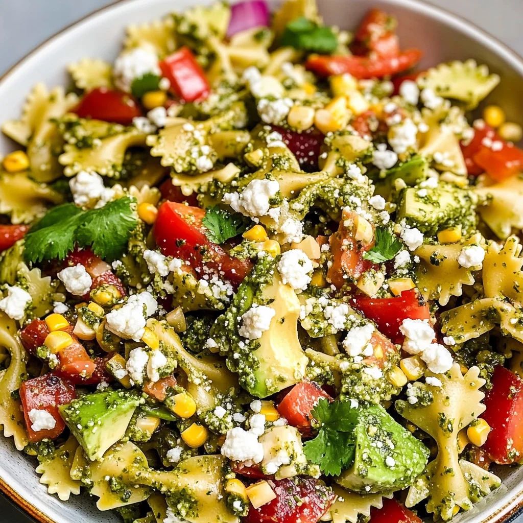 Street Corn Pasta Salad with Cilantro Pesto & Goat Cheese