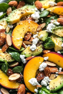 Summer Peach Spinach Salad with Avocado, Toasted Almonds + Goat Cheese