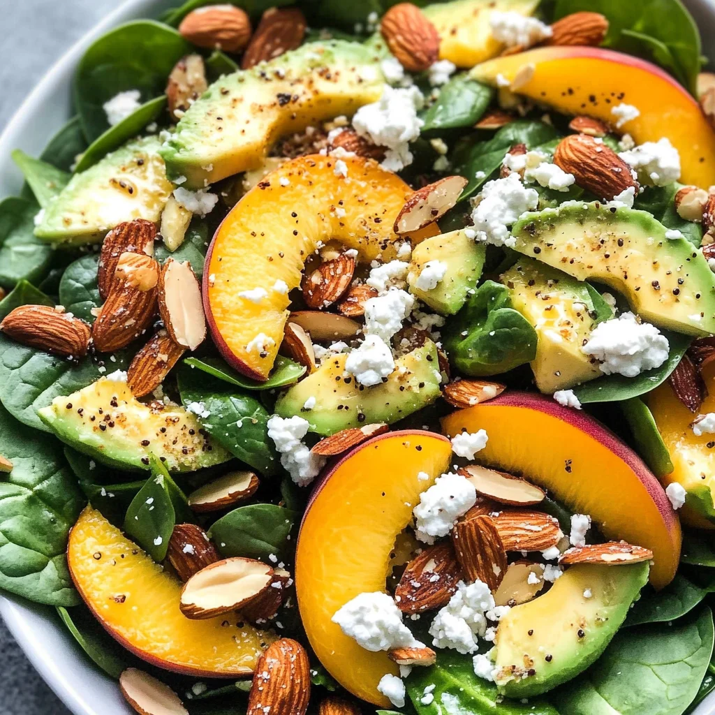 Summer Peach Spinach Salad with Avocado, Toasted Almonds + Goat Cheese