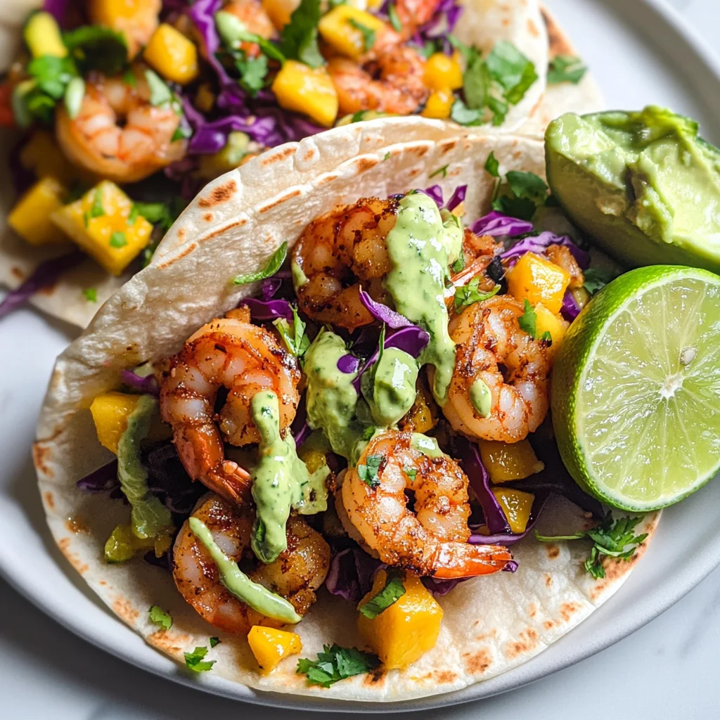 Spicy Shrimp Tacos with Mango Slaw and Avocado Crema
