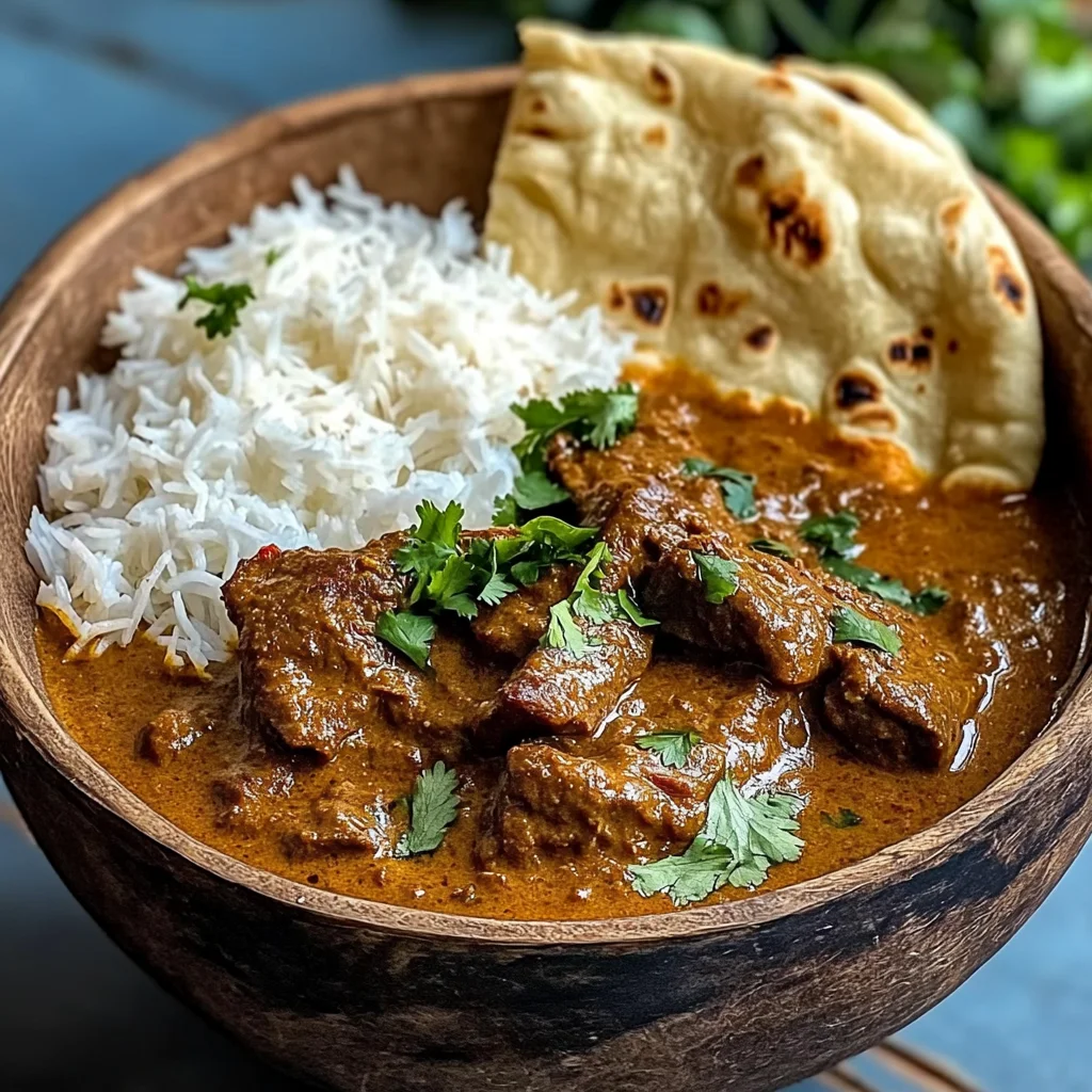 Beef Coconut Curry with Fragrant Rice and Warm Naan
