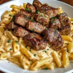 Cajun Steak Tips with Penne in Creamy Parmesan Cheese Sauce