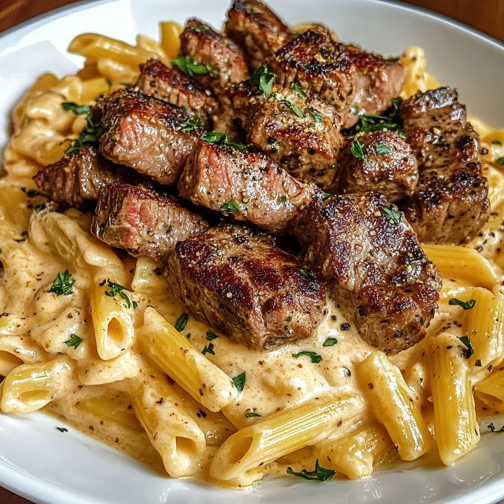Cajun Steak Tips with Penne in Creamy Parmesan Cheese Sauce