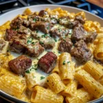 Cheesy Beef Rigatoni in Garlic Cream Sauce
