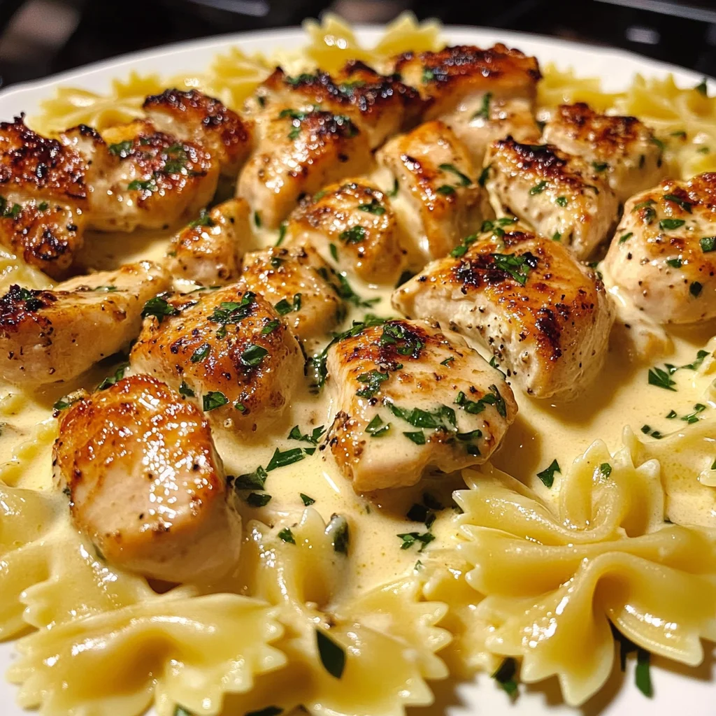 Cheesy Garlic Butter Chicken with Bowtie Pasta and Creamy Sauce