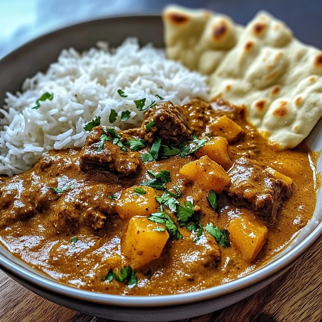 Coconut Beef Curry with Fragrant Basmati Rice and Naan