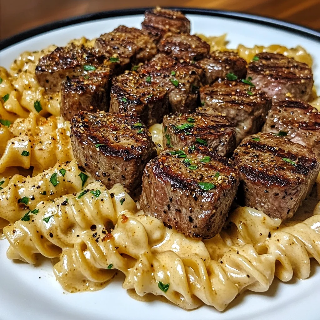 Creamy Garlic Butter Steak Bites with Spicy Cajun Alfredo Twisted Pasta