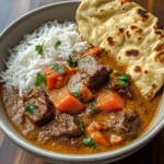 Slow-Cooked Beef in Creamy Coconut Curry with Rice and Garlic Naan