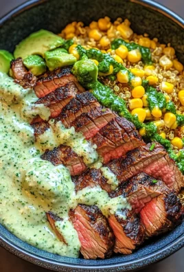 Steak Avocado Roasted Corn Bowl with Cilantro Cream Sauce delights!