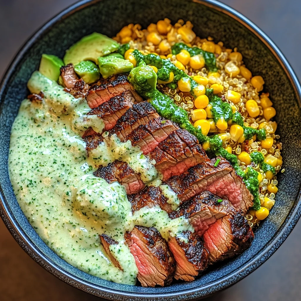 Steak Avocado Roasted Corn Bowl with Cilantro Cream Sauce delights!